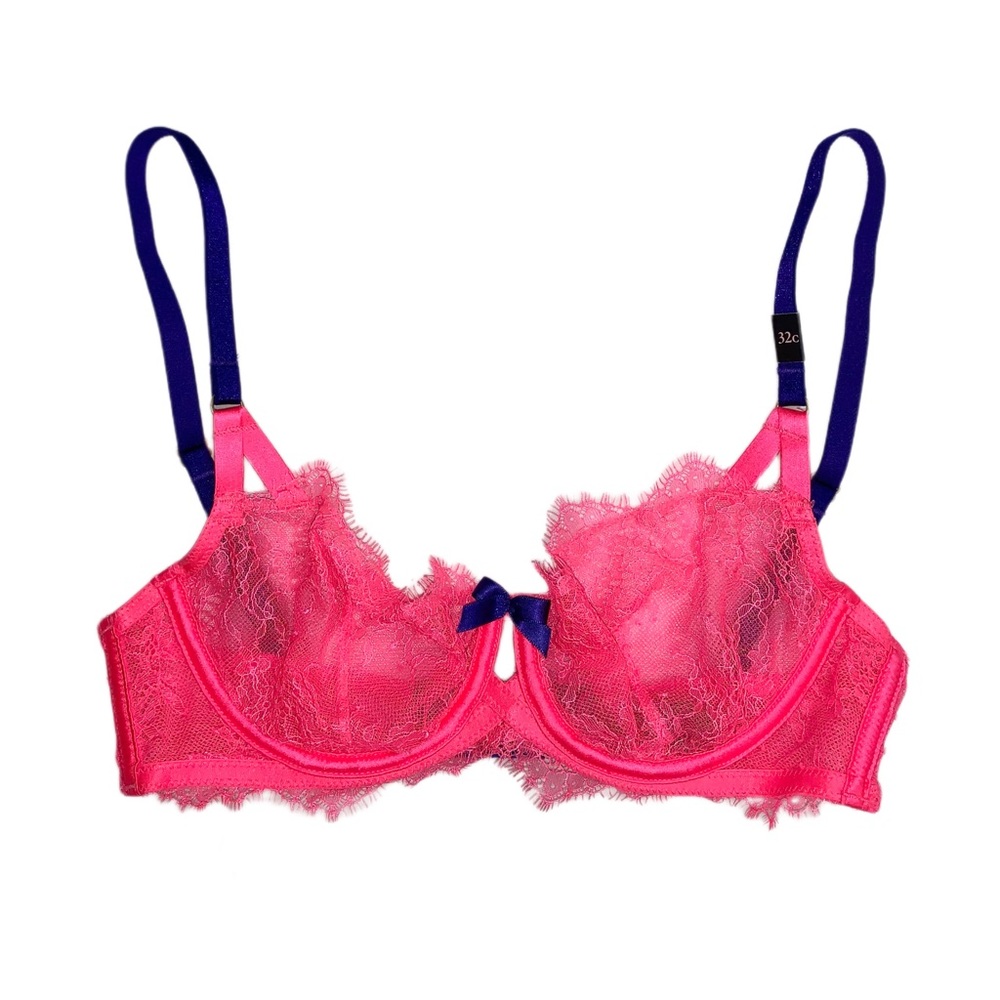 Victoria's Secret Very Sexy Bright Hot Pink Sheer Lace & Navy Unlined Demi Bra